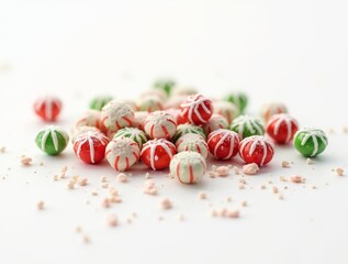 A festive array of red and white candies with crushed candy pieces on a white background: perfect for holiday-themed content and celebrations.