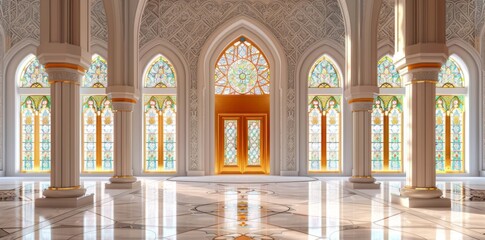 Fototapeta premium mosque element in ornate arabic, Islamic architecture style interior. White, golden colors, stars Ramadan Kareem. Muslim community festival.