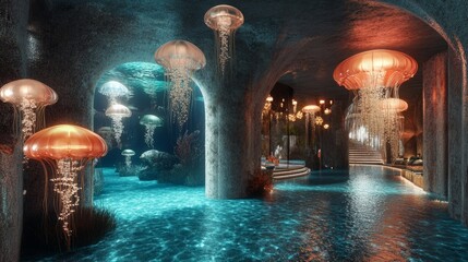 An underwater-inspired surreal space with floating jellyfish-shaped lamps, coral-textured walls, and a shimmering blue floor that looks like liquid, 16:9