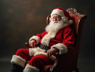Old person dressed in a red Santa Claus outfit sitting in a chair with a cushioned backrest.
