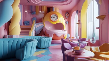 A playful surreal setting with oversized furniture, candy-colored walls, and decor resembling whimsical objects like melting clocks, floating teacups, and stairs leading nowhere