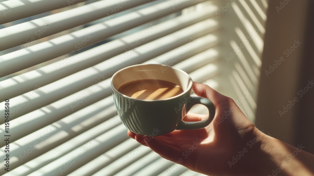 Sticker Morning coffee in a yellow cup against sunlight reflections on a textured surface