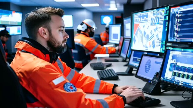 Rescue workers coordinating rapid response strategies in a control room filled with flashing monitors, live feeds, and real-time tracking tools