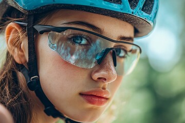 Close up portrait of a young female cyclist wearing protective helmet and glasses, conveying a sense of confidence and readiness