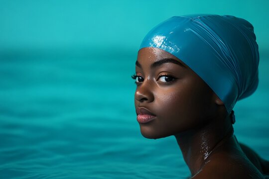 Portrait of a young black woman swimmer wearing a blue swim cap, emerging from turquoise water, exuding confidence and athleticism - Powered by Adobe