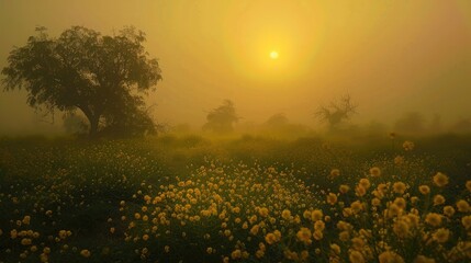 Obraz premium A serene sunrise over a field of mustard flowers, 