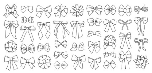 Big set of simple decorative holiday ribbon bow for gift, present, envelope. Contour, outline bow-ball wrapping for birthday, Christmas, New Year. Isolated Flat Vector EPS10	