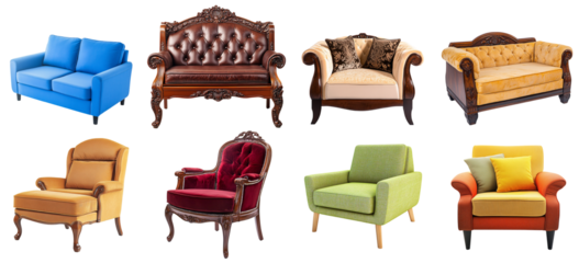 Collection of various elegant and stylish armchairs and sofas featuring a mix of classic vintage designs and modern minimalist aesthetics isolated on white transparent background PNG set