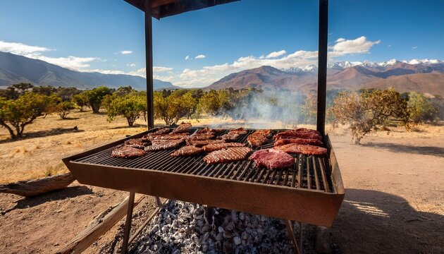 Generated image Argentinian asado grill filled with an assortment of meats, embers glowing parilla