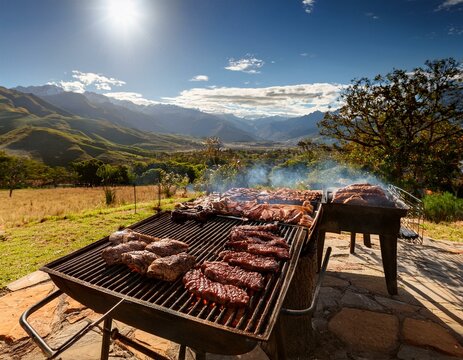 Generated image Argentinian asado grill filled with an assortment of meats, embers glowing parilla