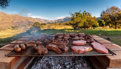 Generated image Argentinian asado grill filled with an assortment of meats, embers glowing parilla
