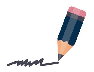 Pencil with rubber band. Pencil draws a line. Pencil in blue colour. Text editing icon. Office supplies. Writing sign business concept.