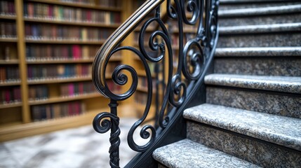 Intricate wrought iron railing beside a marble staircase in a historic library setting
