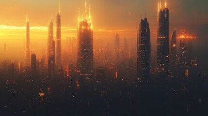 Fototapeta premium Majestic Sunset Illuminating a Futuristic Cityscape With Towering Skyscrapers and Ethereal Light Reflections on the Horizon