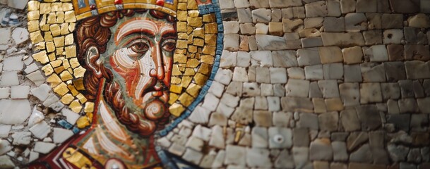 Obraz premium Mosaic artwork depicts a saint with gold accents, showcasing Byzantine craftsmanship