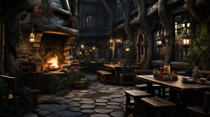 Cozy Medieval Tavern: A digital painting of a warm, inviting tavern with a large stone fireplace, wooden tables, and rustic charm, perfect for fantasy settings.