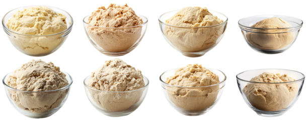 Collection of various A clear glass mixing bowl filled with bread dough isolated on white transparent background PNG set