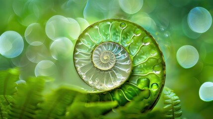Close-up shows the stunning spiral patterns in a green fern leaf and nautilus shell