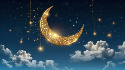 Naklejka premium Crescent moon, golden stars and white clouds 3d style isolated on blue background. Dream, lullaby, dreams background design for banner, booklet, poster. Vector illustration EPS10