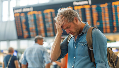 man is sad. he waiting for delayed flight in airport