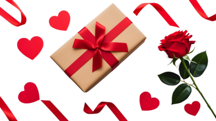 Valentine's Day-themed design elements showcasing a beautifully wrapped gift box with a red silk ribbon bow, a vibrant red rose placed elegantly beside it, and pairs of shiny red hearts, all displayed