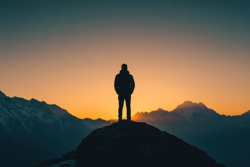 Obraz premium Solitary Figure Silhouetted Against Majestic Sunset Mountains