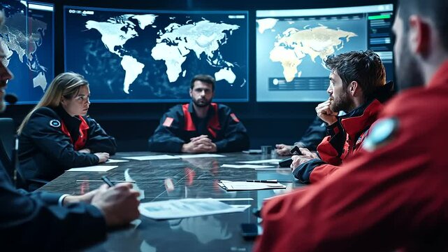 A high-tech emergency operations center with rescue workers in focused discussion around a large table, illuminated by screens showing weather patterns and crisis zones