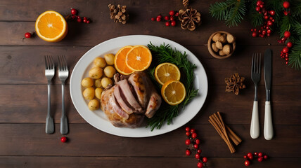 Flat lay festive christmas meal composition