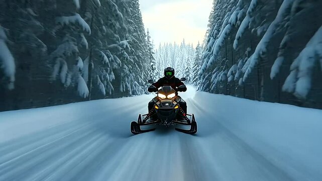 A man on a snowmobile powering through deep snow on a forest trail, with towering evergreens draped in heavy snow framing the scene