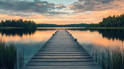 Fototapeta premium Wooden Pier Extending into Calm Lake at Sunset