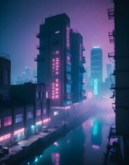 Cybergoth city landscape, foggy atmosphere, neon light, brutalism concrete neon city, high detail, high detail, studio lighting, copy background, professional grading, advertising
