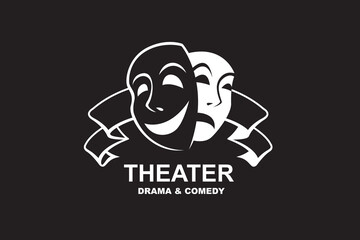 icon of comedy and tragedy theatrical masks with ribbon isolated on black background