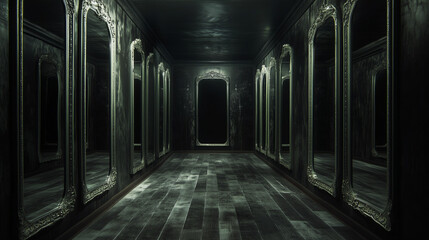 Mysterious Mirror Corridor: A dark and eerie hallway lined with antique mirrors creates a sense of unease and mystery. The dimly lit space evokes a feeling of suspense and intrigue.