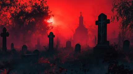 Crimson Cemetery:  A haunting, atmospheric image of a graveyard shrouded in crimson fog under a blood-red sunset.  Silhouetted tombstones and a distant church create a scene of mystery and dread. 