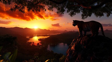 Fototapeta premium Majestic Tiger Silhouetted Against a Vibrant Sunset Over a Lush River Valley