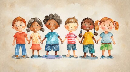 Children of different backgrounds joyfully holding hands, celebrating friendship and unity outdoors