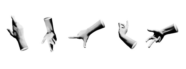 Collection of hand gestures with crossed fingers, held by a child. Retro, vintage grayscale design with halftone texture. Vector illustration isolated on white background.