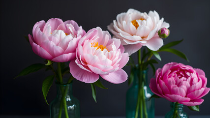 Obraz premium Single peonies in green glass vases. Generative AI