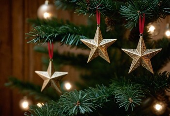 Shimmering star ornaments in traditional holiday ornament display - Rustic chic style