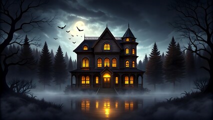 Mystical Halloween Landscape with Haunted Houses