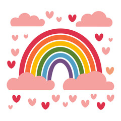 A rainbow with hearts surrounding it, vector flat valentines pink love illustration