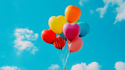 A heart-shaped balloon bouquet floating against a bright blue sky symbolizing lightness and love.
