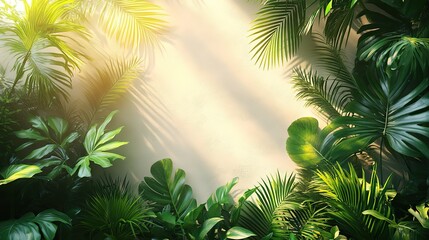 White background with palm leaves evokes nature, sustainability, and a relaxing summer atmosphere