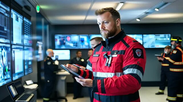 Rescue personnel reviewing emergency protocols on handheld tablets while standing in a bustling operations center with large digital displays
