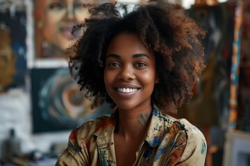 Fototapeta premium A cheerful artist with curly hair smiles warmly in a vibrant studio filled with colorful paintings.