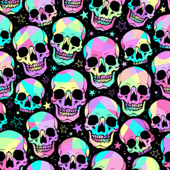 Seamless illustration of bright human skulls and stars