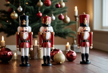 Traditional nutcracker figures in rustic charm in ornaments - Vintage-inspired style