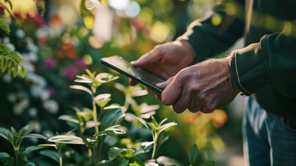 Senior Gardener Using Smartphone App in Garden