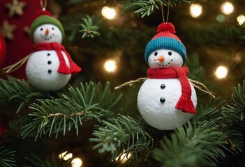 Miniature snowmen in colorful ornament ensemble - Nature-inspired elegance style