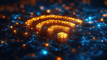 Wireless symbol and cyberspace with internet network, neon digital background for connection, future signal, graphic for communication, online information, data technology, innovation